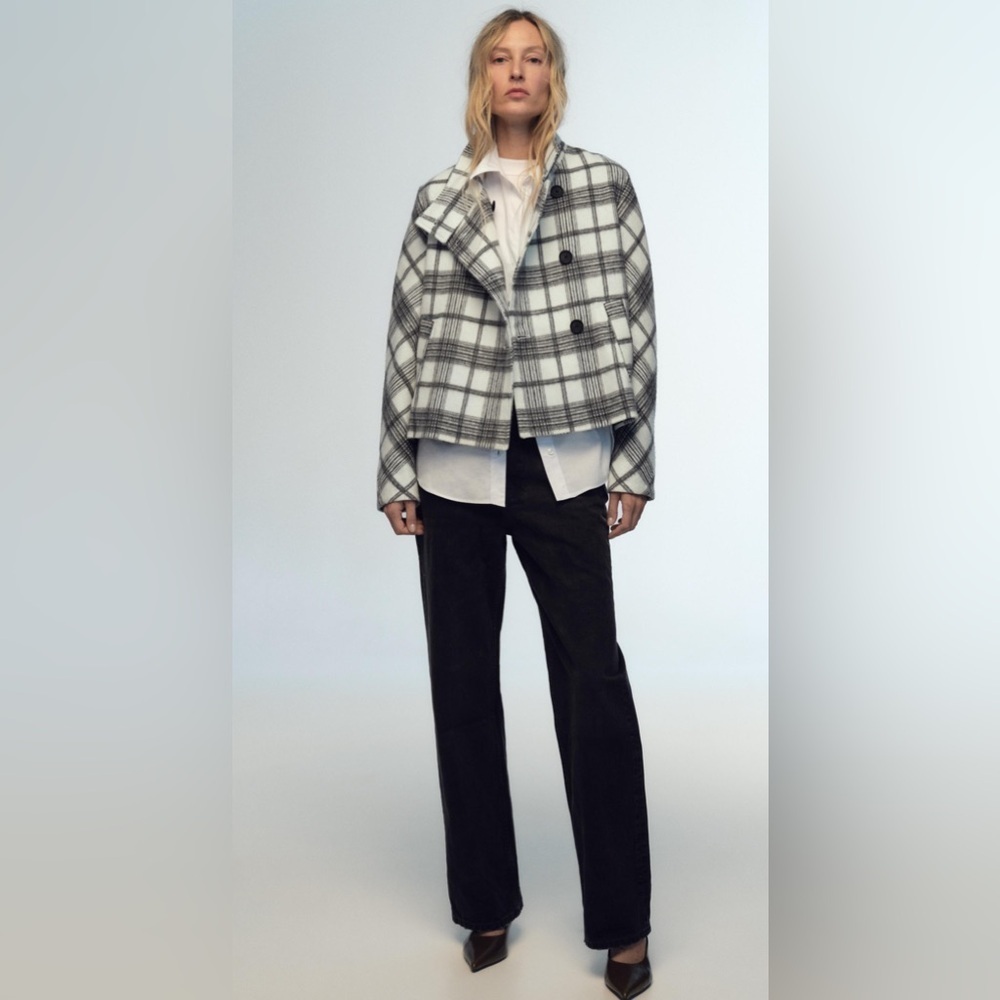 ZARA Checked High-Neck Wool Blend Jacket Grey Size S
